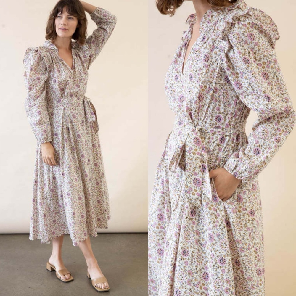 XIRENA isley dress in ivy vines cream pastel pink floral long sleeve ruffles XS